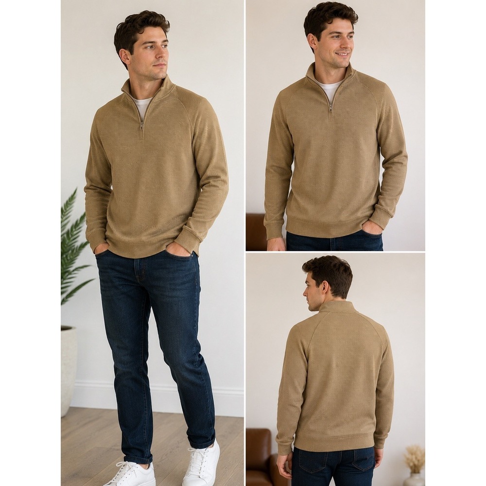 32 Degrees Men's XL Tan Waffle Knit Quarter Zip Pullover Sweater Lightweight